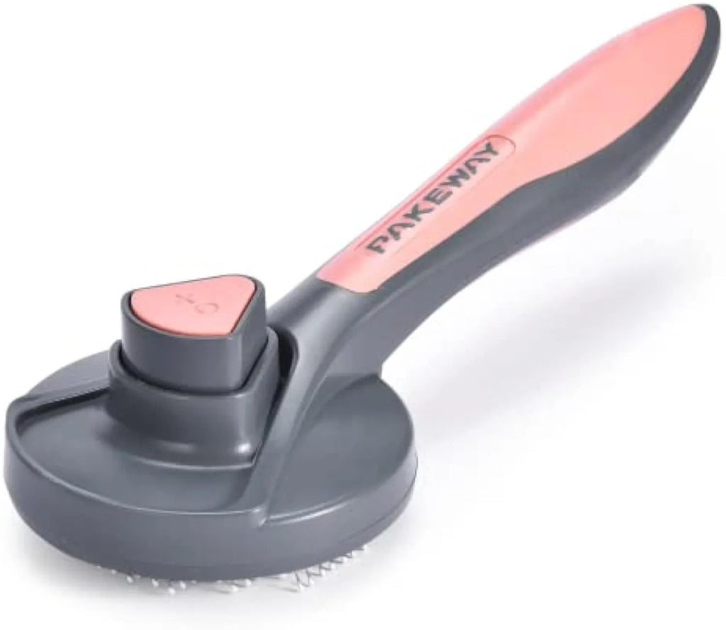 Grey self-cleaning pet slicker brush with massage-tipped bristles and a cleaning button on the handle