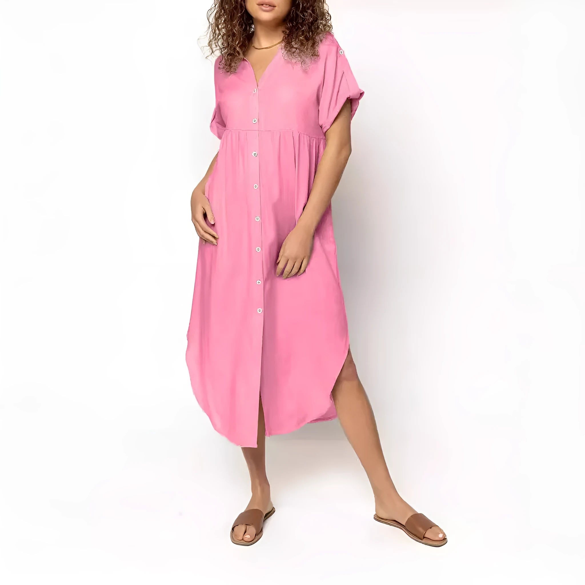 Women's loose-fit mid-length casual dress with button front in a solid colour.
