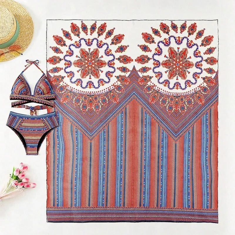 Women's three-piece swimsuit set showing high-waist briefs, cutout sleeveless blouse, and a coat.