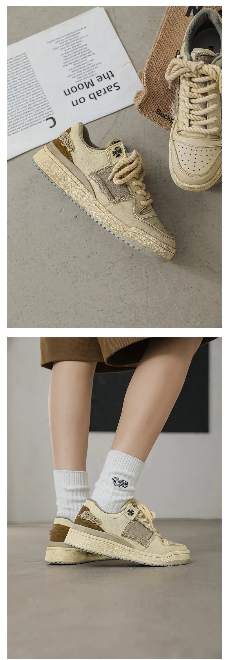 Beige low-top vintage skateboard shoes with round toe and rubber sole