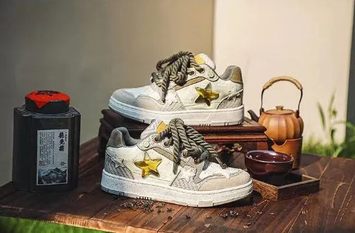 Green China-chic star pattern casual sneakers with mesh lining and rubber sole