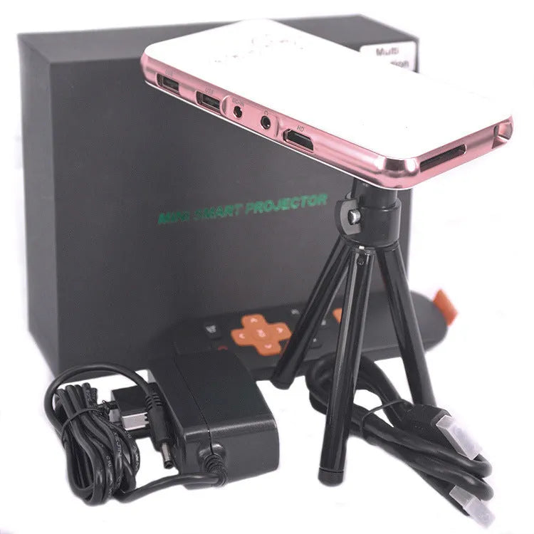 White and rose gold miniature portable DLP Android projector with 32GB memory showing compact dimensions