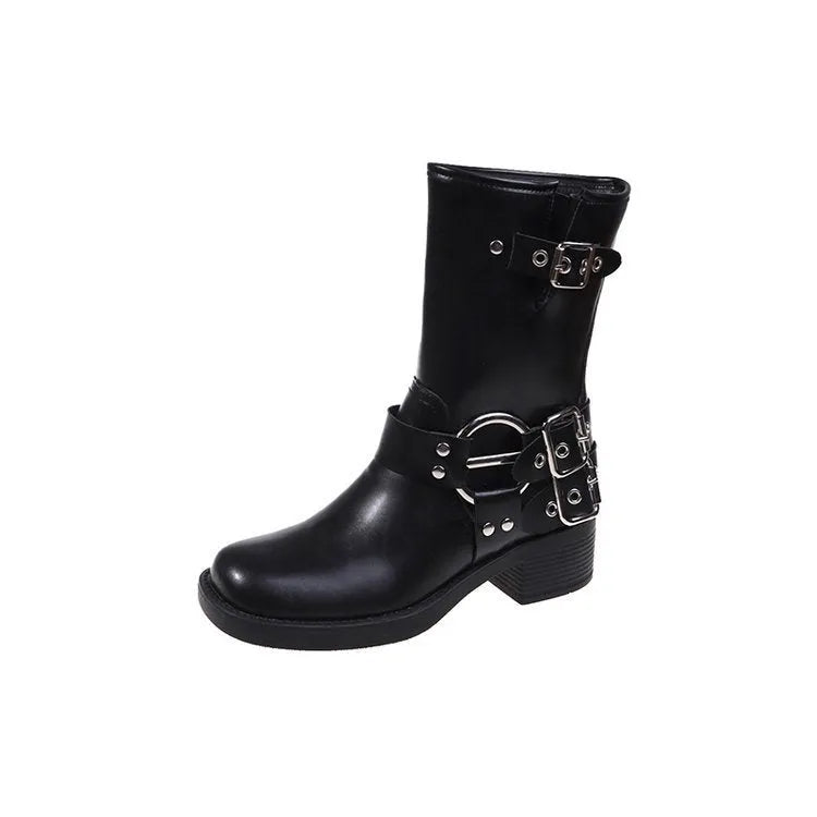 Black platform boot with buckle strap on mid-calf shaft, displayed next to brown version.