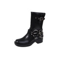Black platform boot with buckle strap on mid-calf shaft, displayed next to brown version.