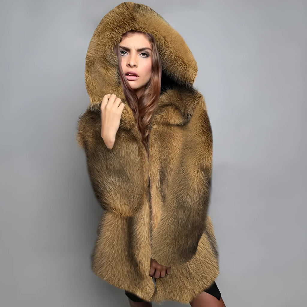 Silver grey loose-fit artificial fur mid-length coat for women on a hanger.