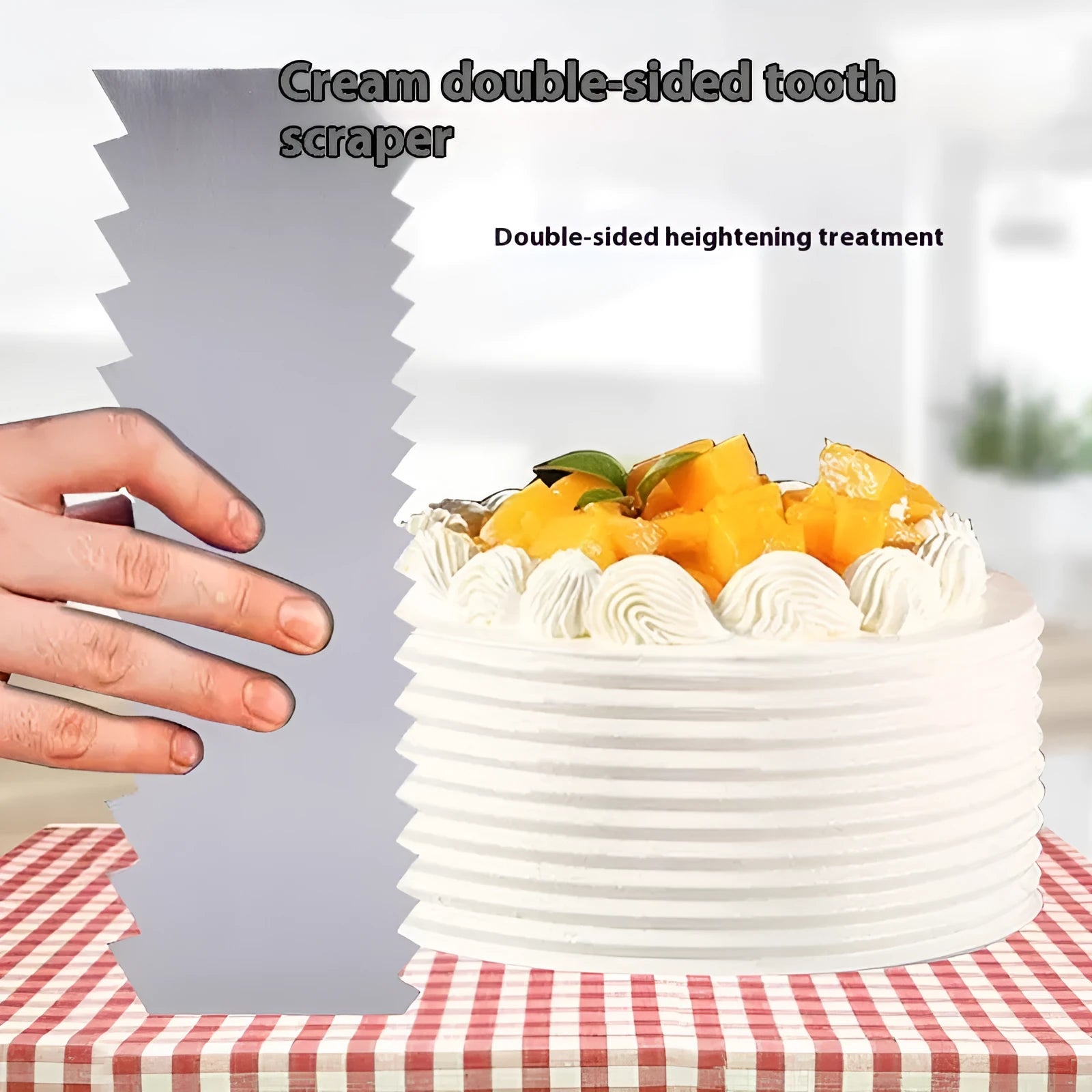 Stainless steel cake scraper with polygon patterns for buttercream texturing