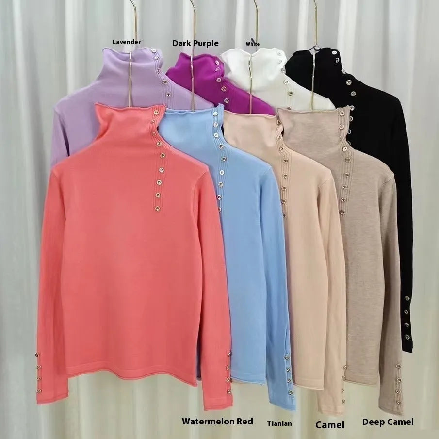 Women's core-spun yarn knitted bottoming shirt in light camel colour showing 40cm length and regular sleeves