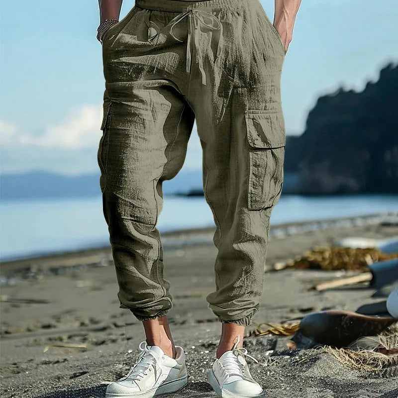 Men's ankle-tied linen casual trousers with multi-pocket tether in loose fit