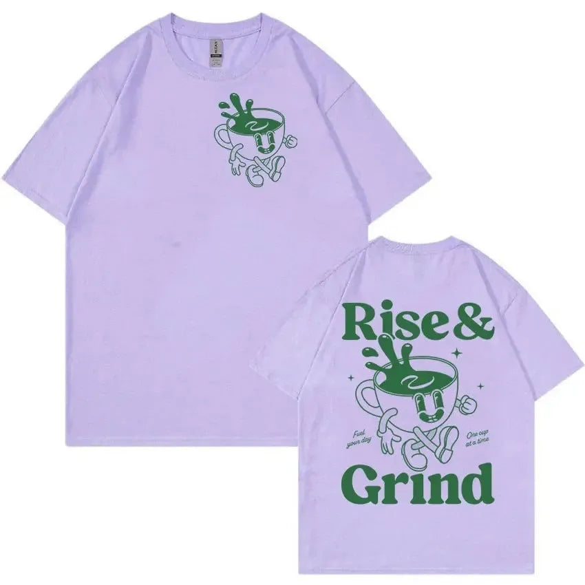 Loose-fit men's t-shirt with 'Rise and Grind' green coffee cartoon graphic in linen blend fabric
