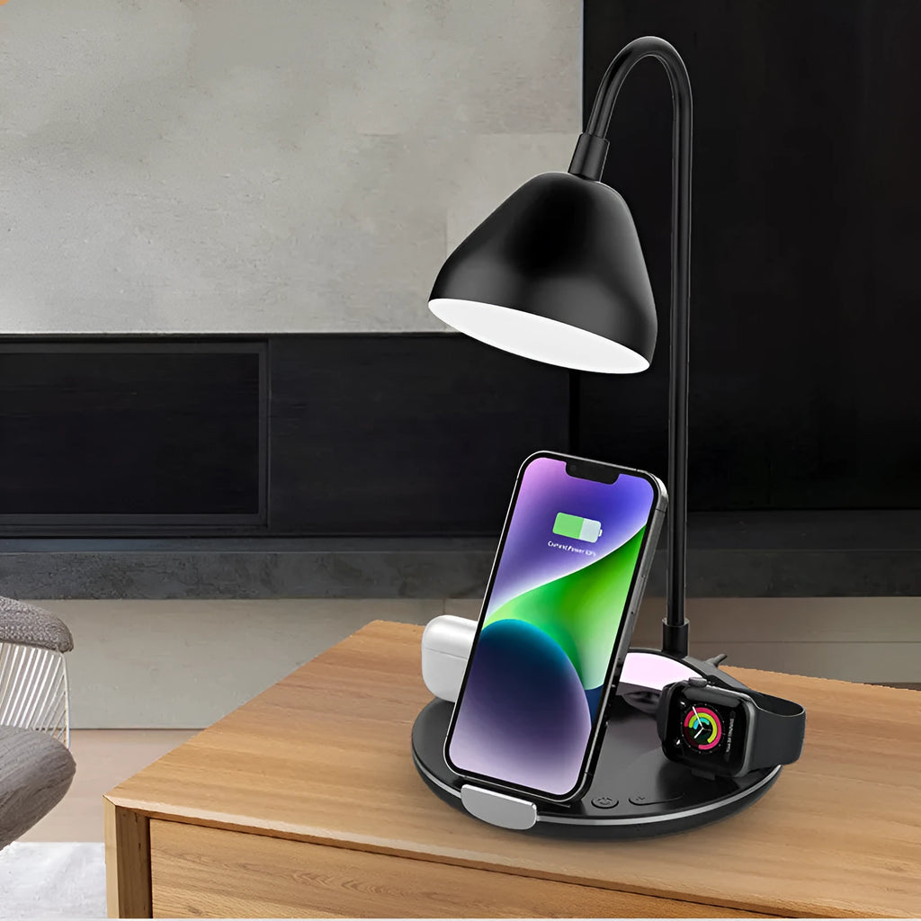 Black magnetic folding wireless charger showing unfolded position with USB cable