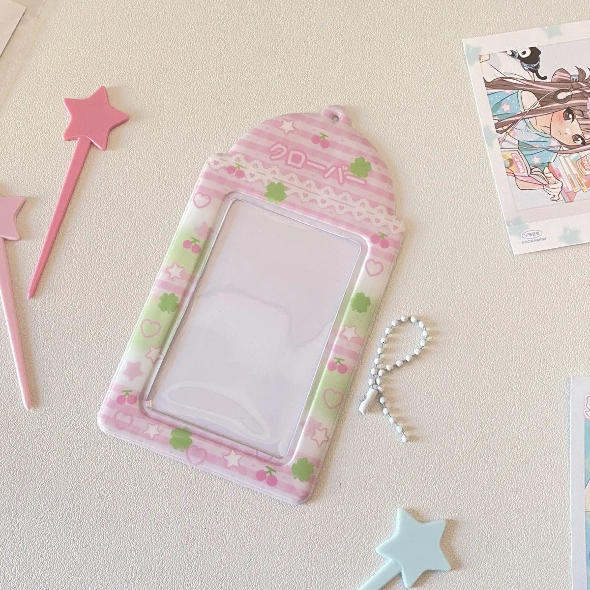 PVC plastic card holder with strawberry plaid pattern measuring 7.6 by 13.6 centimetres