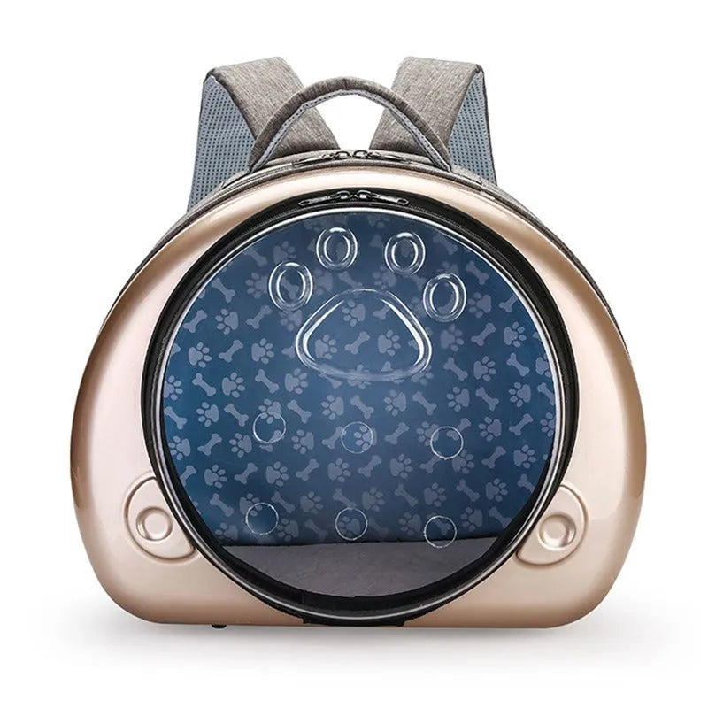 Transparent space capsule pet carrier bag for cats in rose gold, luxury silver, or champagne gold.