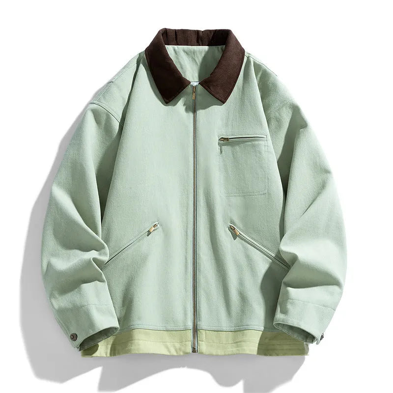 Men's American retro workwear jacket with contrast colour lapels, loose fit autumn styling