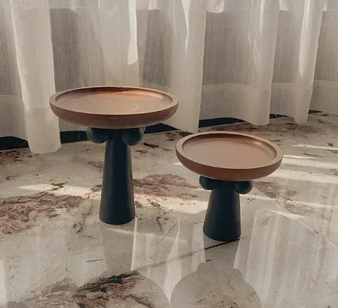 Nordic high-legged round wooden tray for candles and home decor in natural wood colours