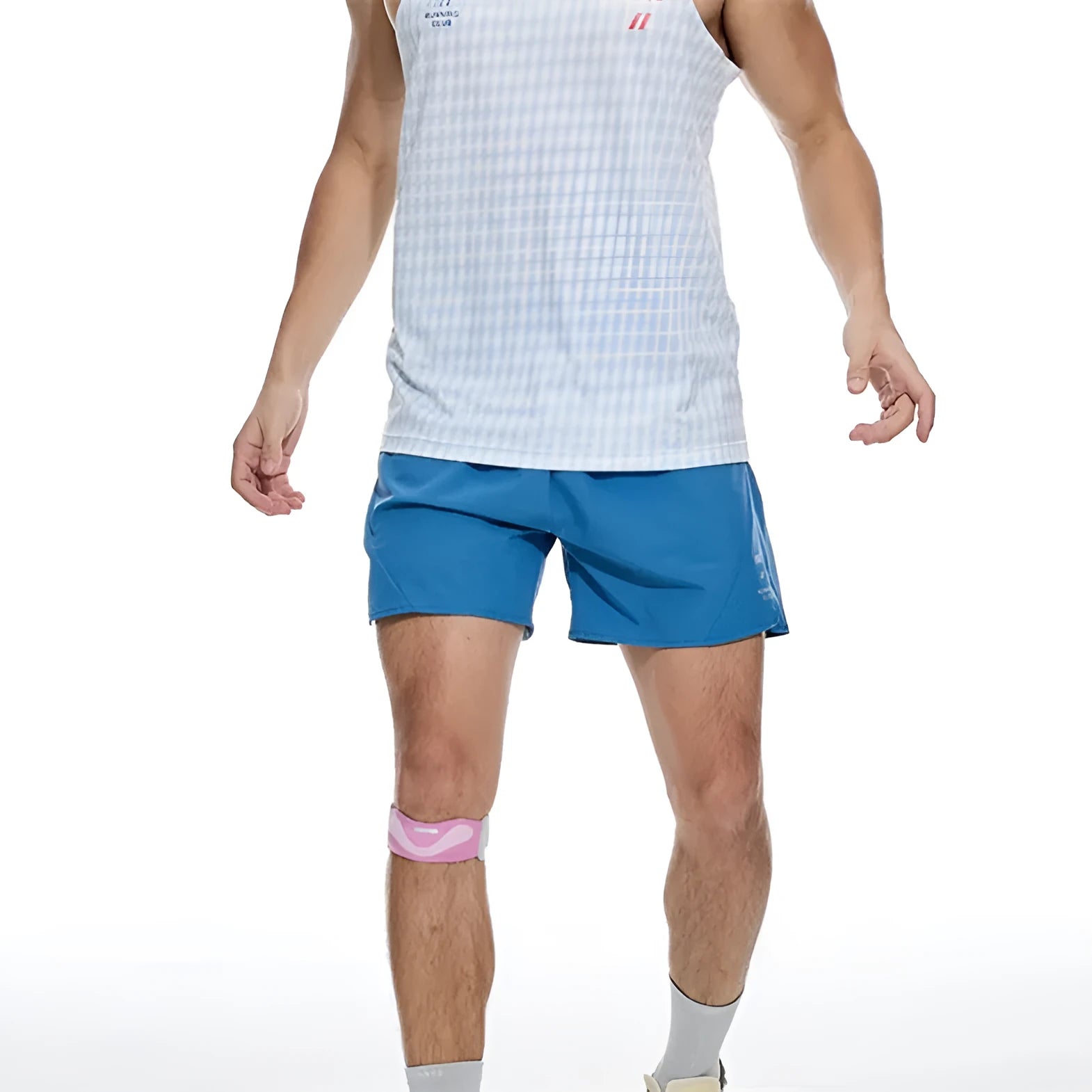 Black and blue four-point stretch running shorts with laser-cut stitching detail on a mannequin.