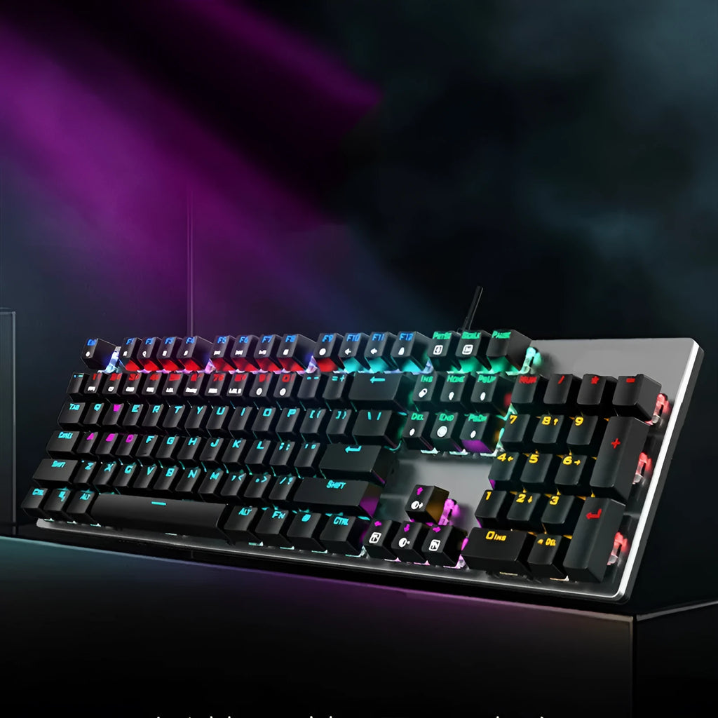 AOC GK410 mechanical keyboard with metal frame and USB cable on desk