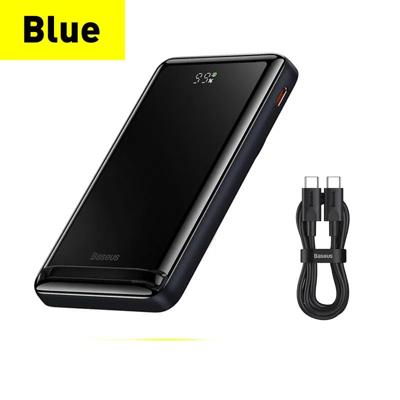 Slim blue 3-in-1 magnetic wireless power bank showing dimensions and charging cable