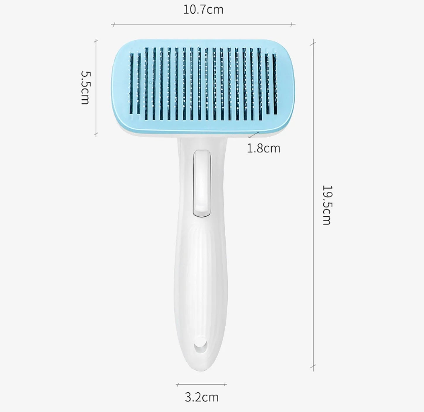 Automatic pet hair removal comb in blue, showing compact design and needle comb.