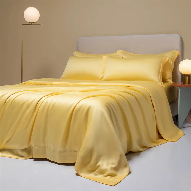 Lenzing Tencel 200 thread count bedding set in satin weave showing Aurora Blue quilt cover and pillowcases