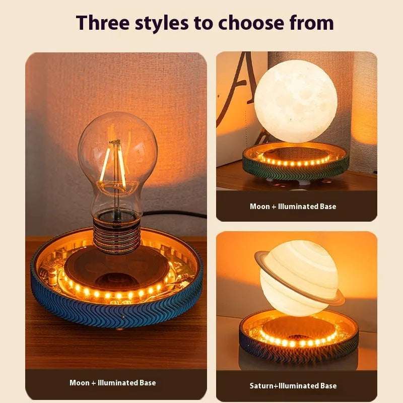 Magnetic suspension moon night lamp floating above base with 3D printed celestial design