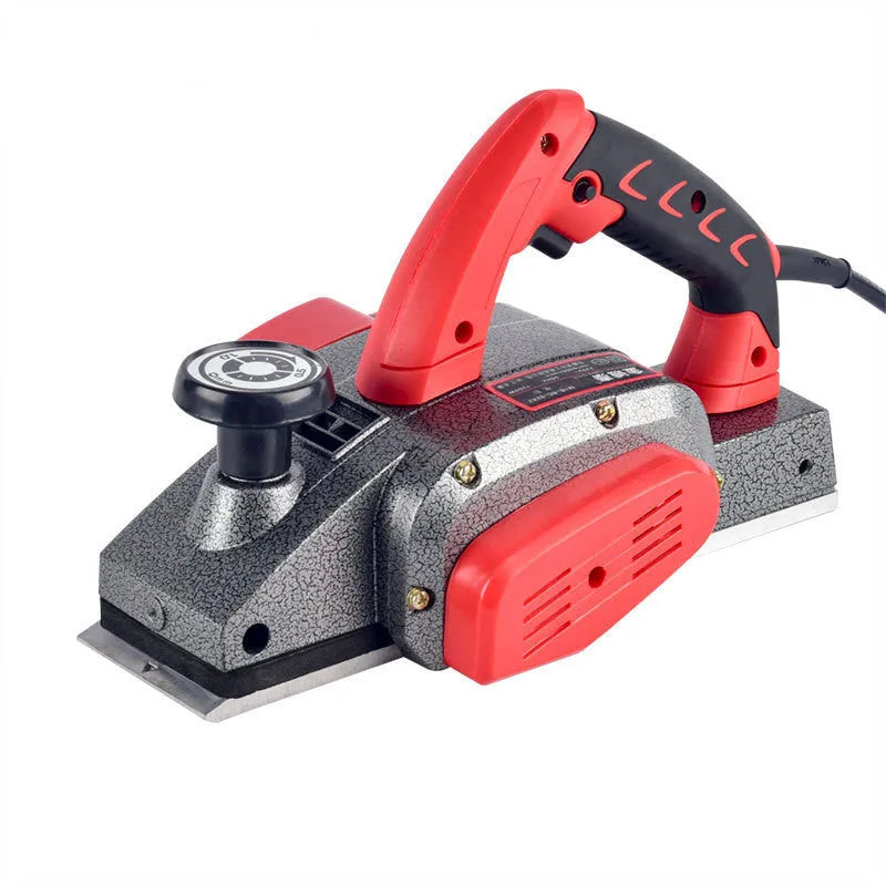 Red electric wood planer tool with aluminium shell showing 82mm cutting width