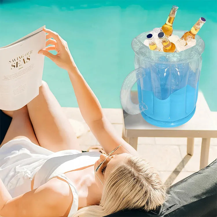 Yellow inflatable PVC ice bucket for holding drinks and ice at outdoor events.