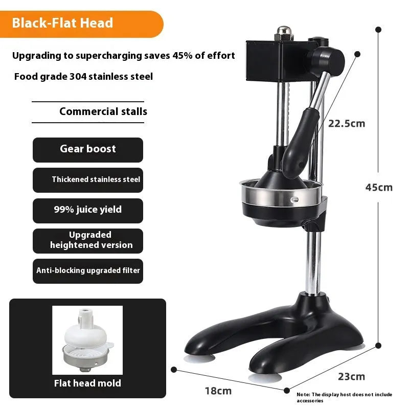 Vertical stainless steel manual juicer on zinc alloy base, showing colour and head style options.