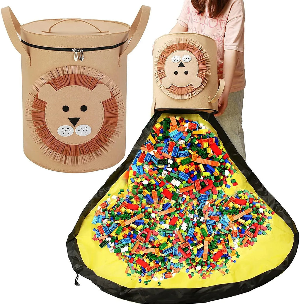 Green felt cube storage bag with pull rope shown as both toy container and play mat