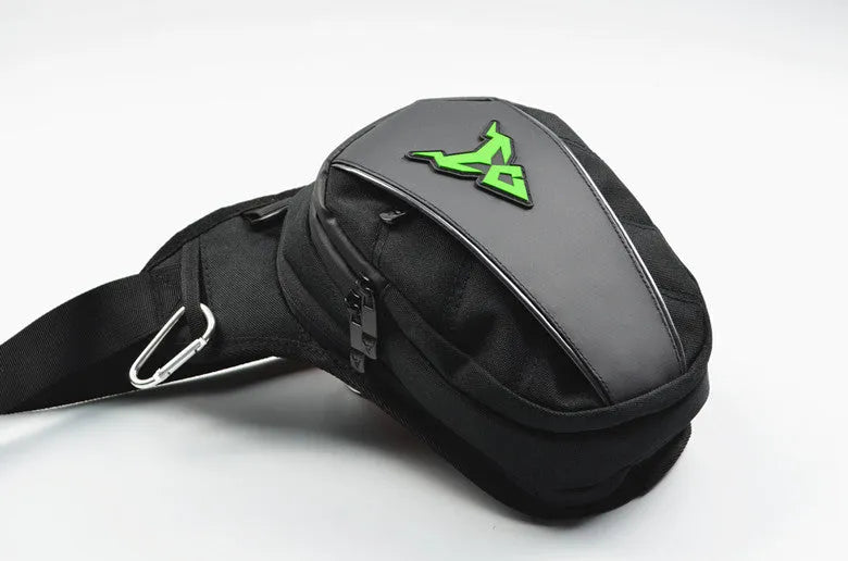 Motorcycle leg bag in red, blue, green, or grey, showing adjustable straps and 1200D Oxford cloth construction.