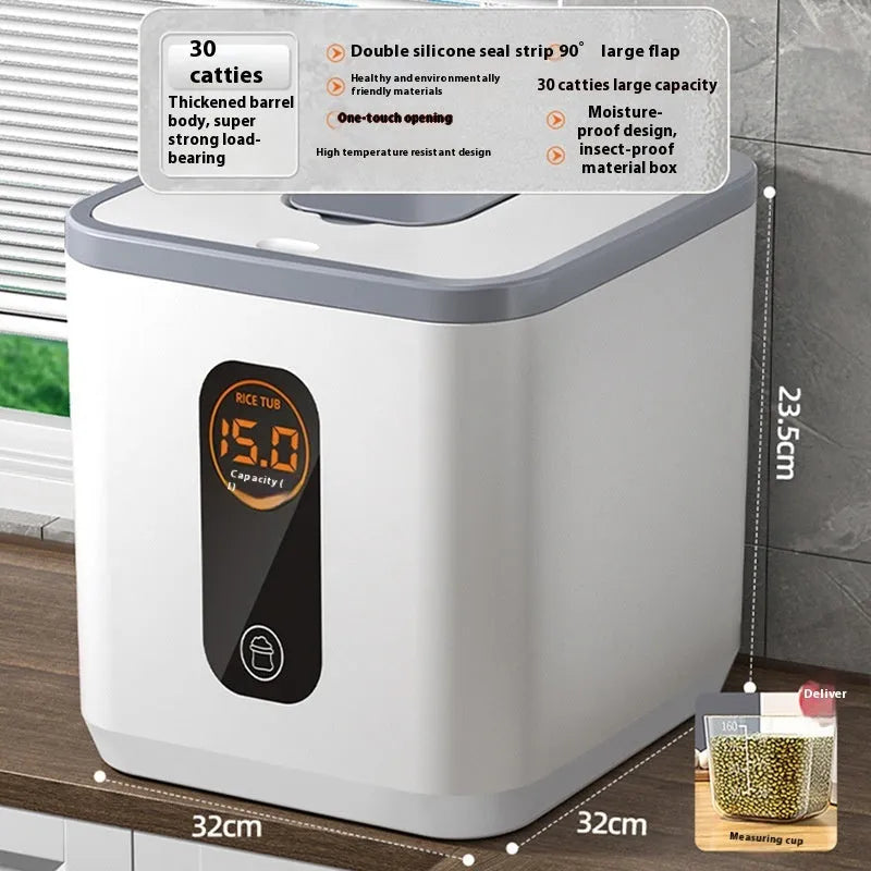 Grey plastic sealed rice storage jar with lid and measuring cup in 10kg 20kg 30kg sizes.