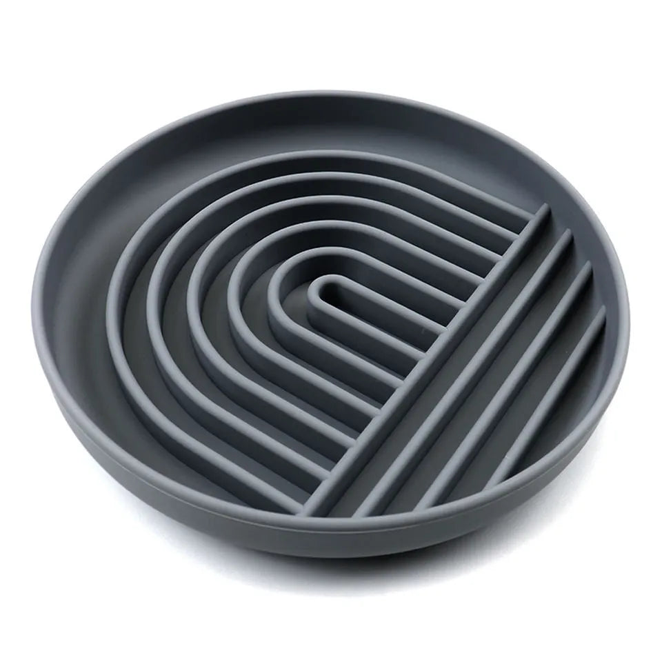 Silicone slow feeder dog bowl with textured ridges, shown in mustard green colour