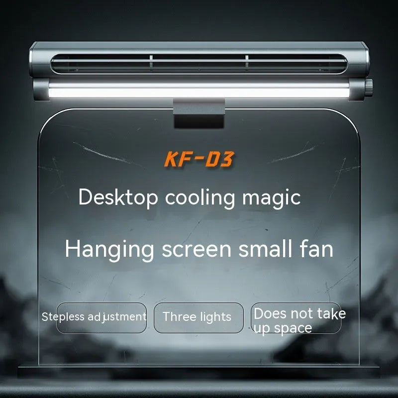 Black bladeless clip-on laptop fan with integrated lighting lamp attached to computer screen