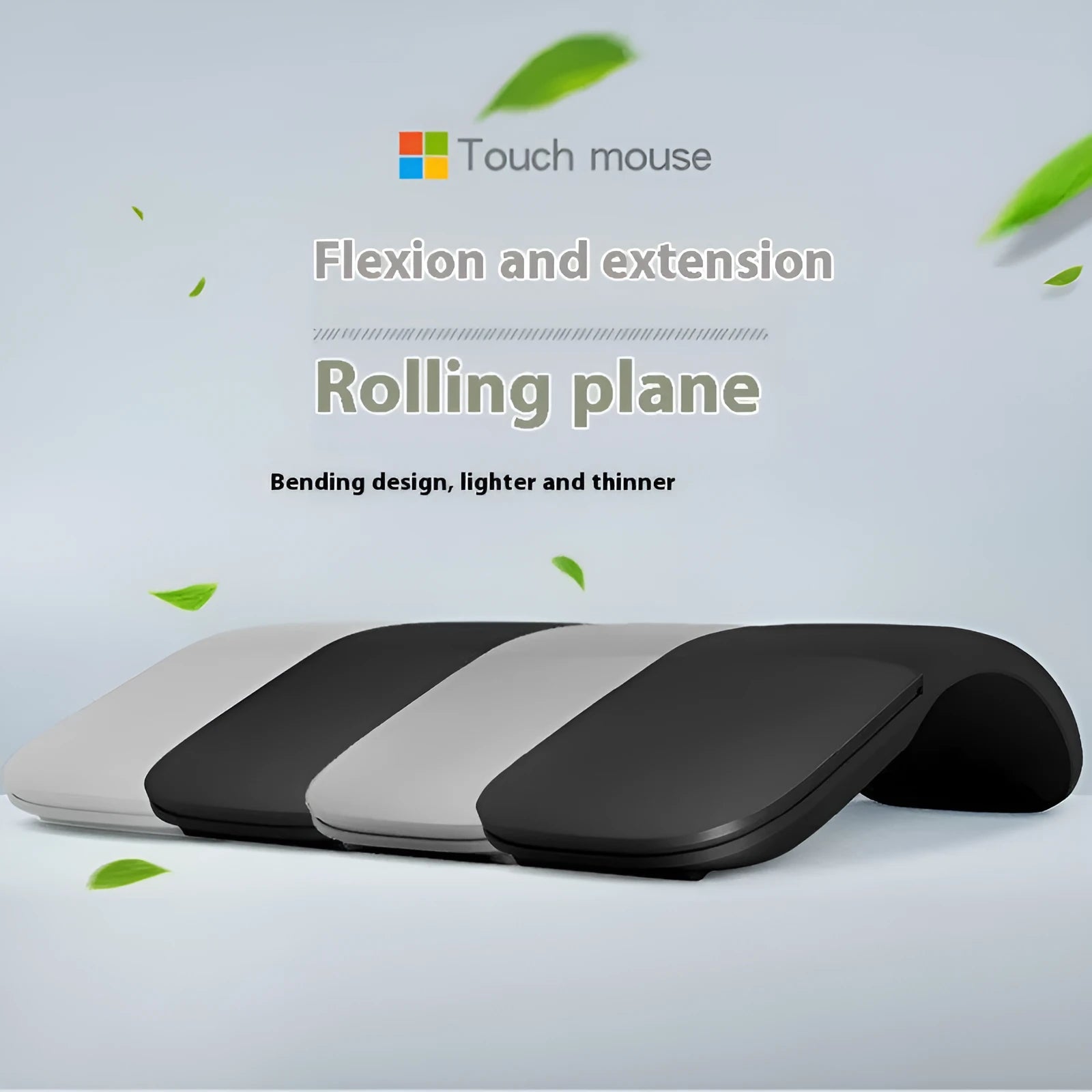 Folded Bluetooth wireless mouse showing compact 131.2mm length with touch surface and multiple colour options