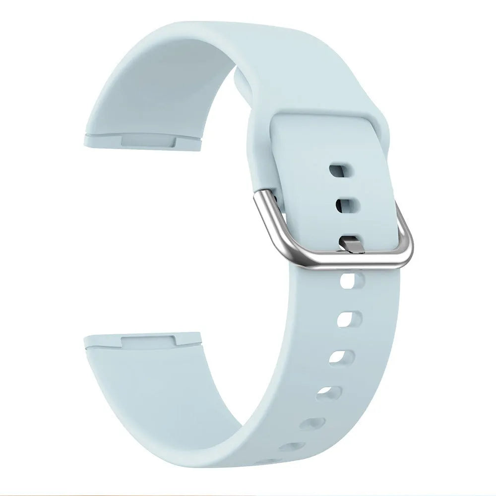 Silicone watch strap with silver buckle for Fitbit Versa 3 and Sense 2 in multiple colour options.