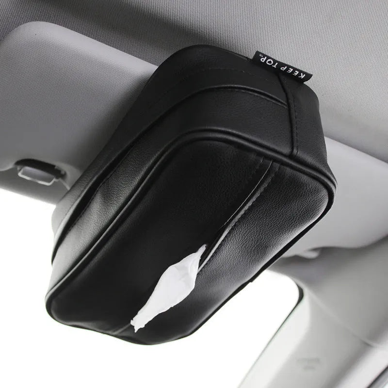 Black PU leather hanging storage box with dimensions for car organisation.