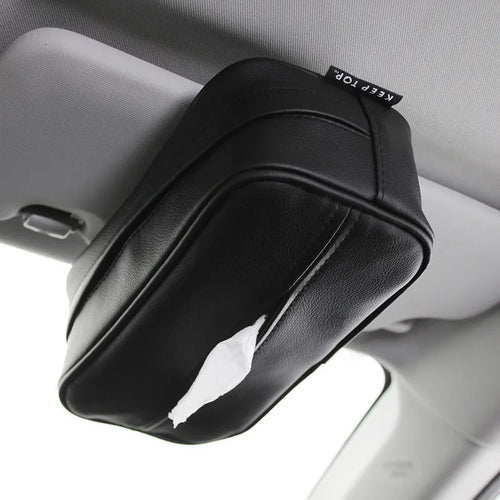 Black PU leather hanging storage box with dimensions for car organisation.