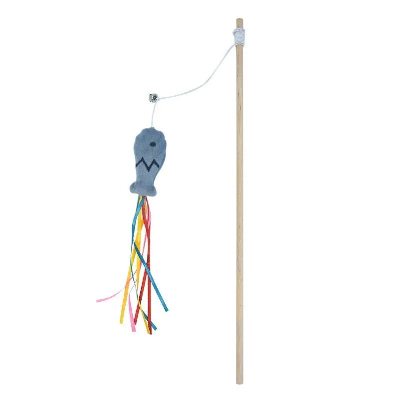 Cat wand toy with colourful ribbons, catnip fish attachment, and bell on wooden handle