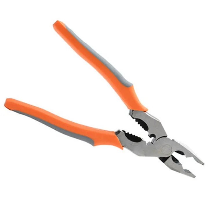 Orange 9-inch multi-function wire cutter pliers with textured PVC handles and alloy steel jaws.