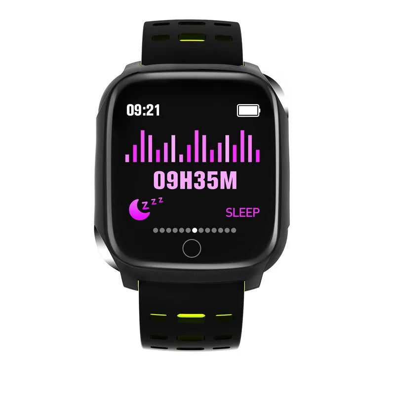 F16 smart watch with ECG monitor on black grey silicone wristband showing blood pressure display