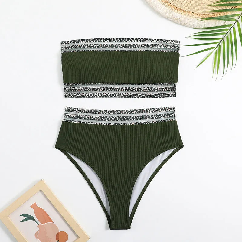 Black strapless bikini set with contrasting leopard print panels on the bra and shorts.