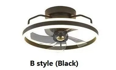 Modern ceiling fan light with light on, showing white PC blades and acrylic lampshade