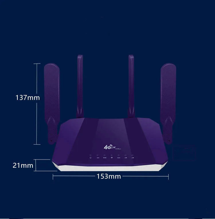 Blue 4G dual-mode wireless and wired router with four external antennas.