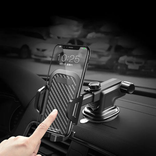 Black car phone holder made of ABS plastic and EVA foam for 4 to 7 inch mobile phones.