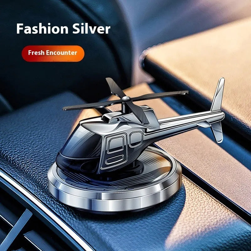Metal solar helicopter car perfume rotating on dashboard in silver black or blue