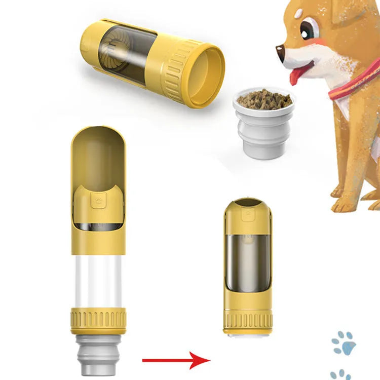 Dark blue portable dog water bottle with built-in drinking bowl, shown with leak-proof lock engaged.