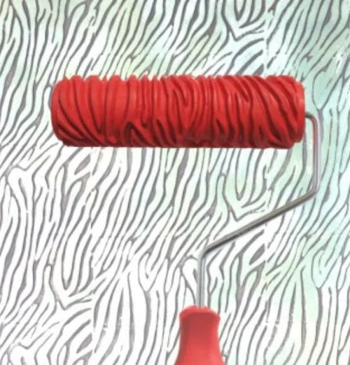 Red rubber texture paint embossing roller with plastic core and metal handle for DIY wall patterns