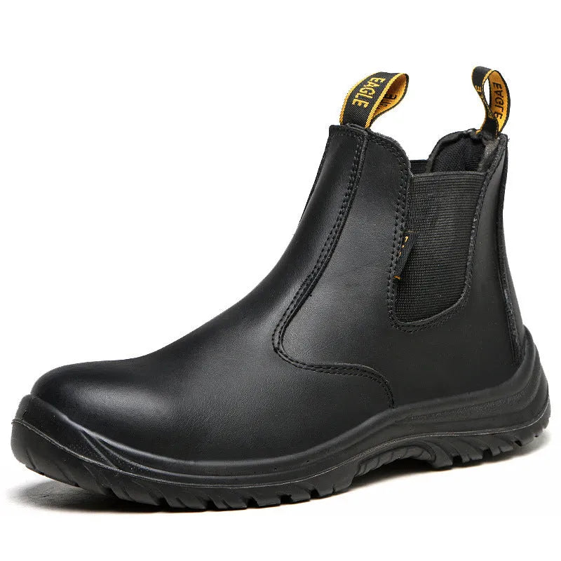 Black leather safety boots with steel toe caps and high-top design for industrial workplace protection
