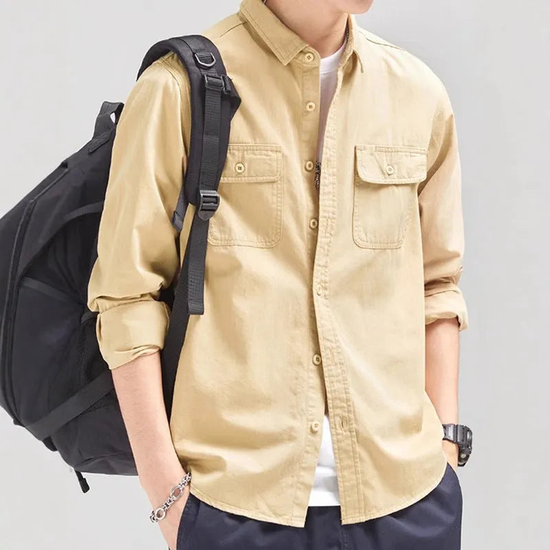 Men's loose fit long sleeve cardigan shirt in light grey, black, khaki or green.