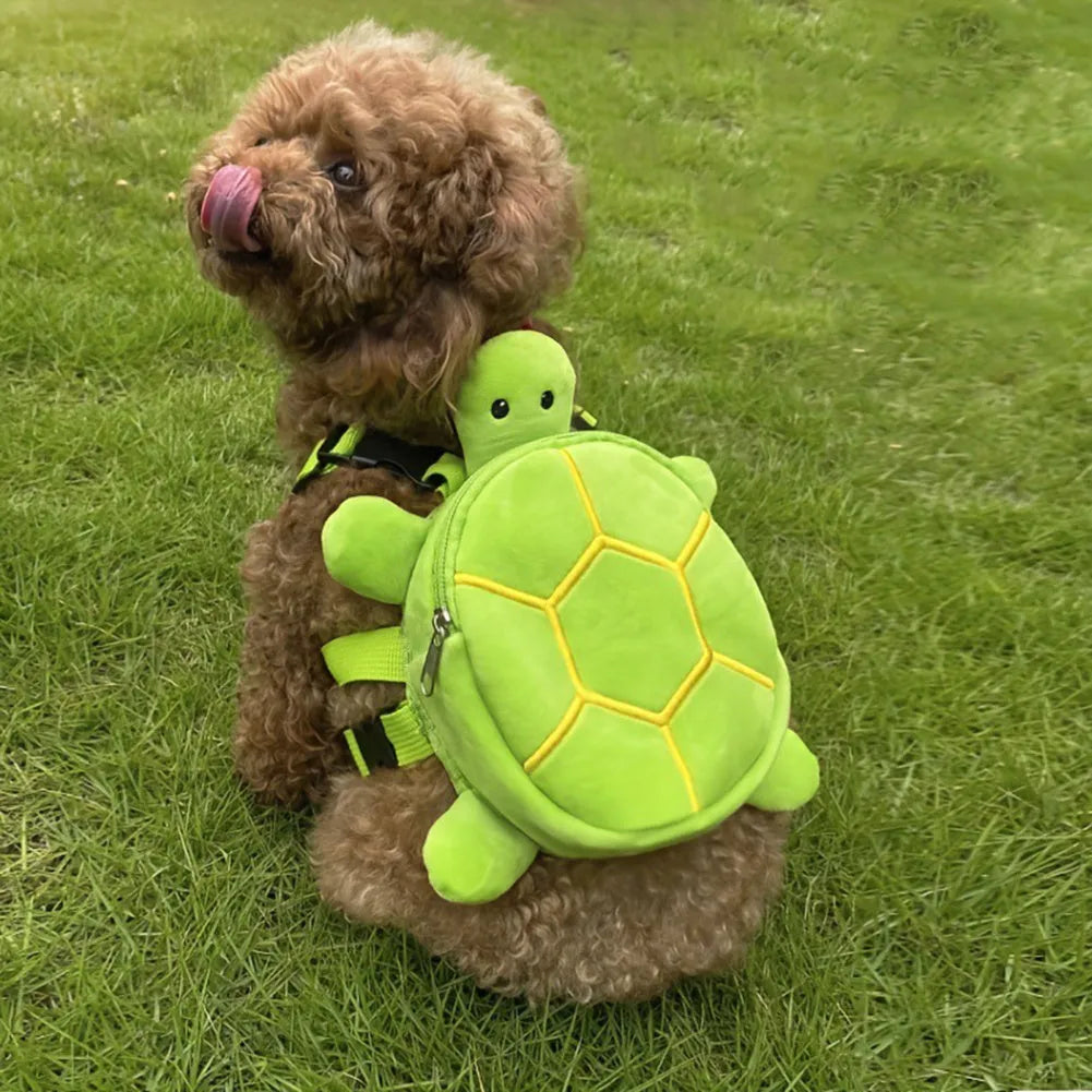 Turtle-shaped velvet dog backpack harness in brown, green, grey or yellow, measuring 20x18cm