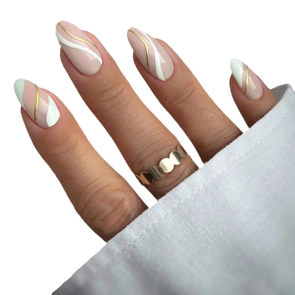 Golden lines plaid pattern nail stickers JF0518 medium drop shape with plastic wearable armour